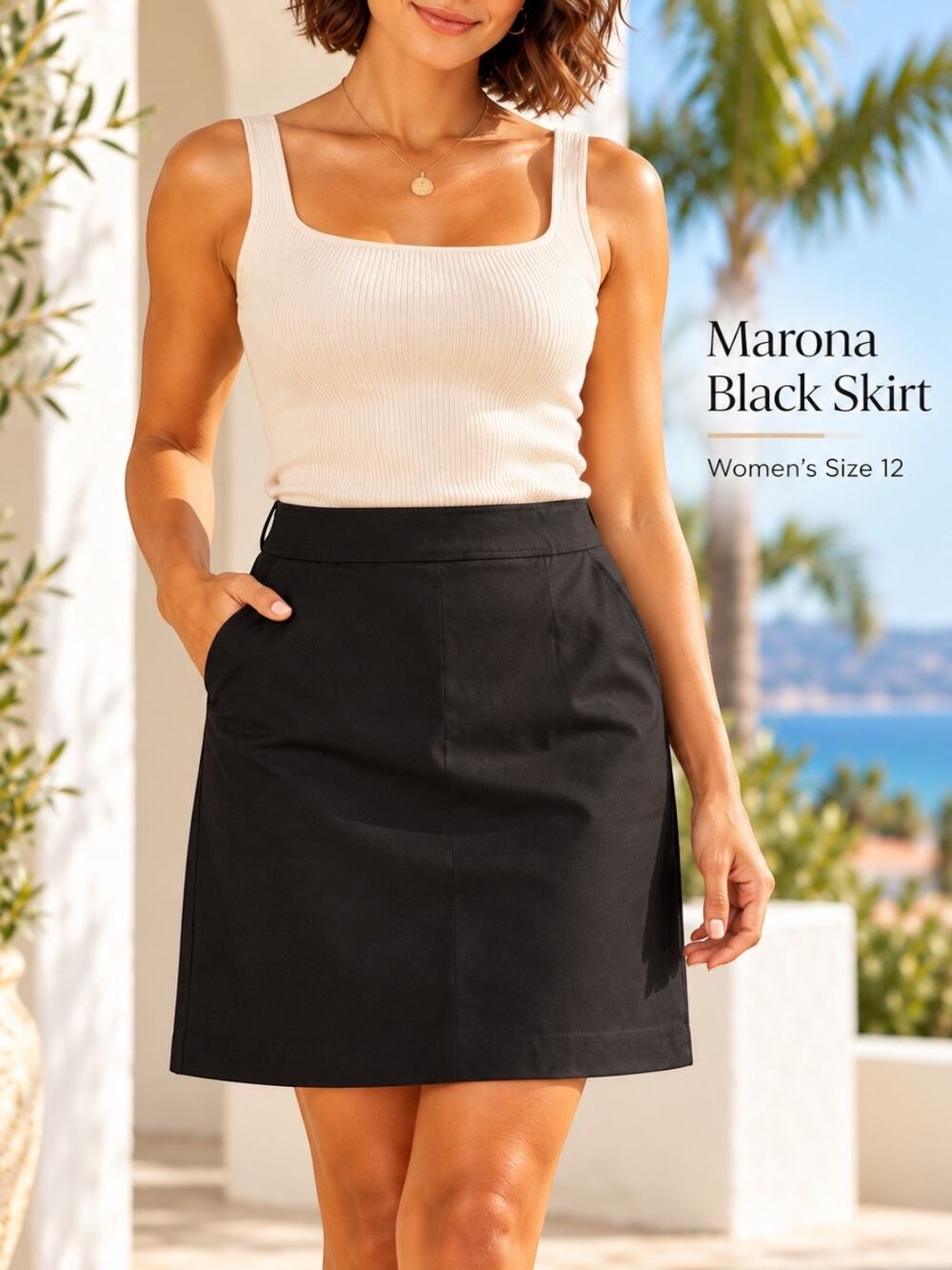 Merona Black Stretch Cotton A-Line Skirt Side Pockets Women’s Size 12